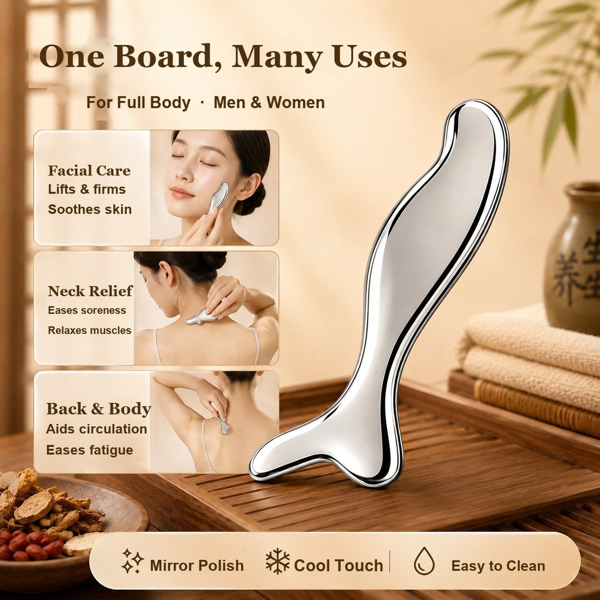 Mermaid Stainless Steel Gua Sha Board Angle view